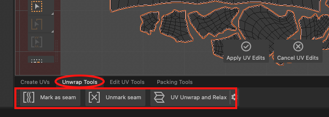 The Unwrap Tools tab with Mark as seam, Unmark seam, and UV Unwrap and Relax