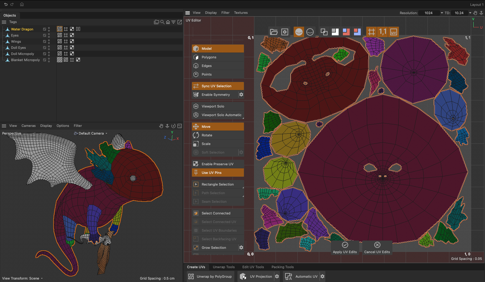 After Unwrap by PolyGroup, each Polygroup is its own UV island, packed in the UV space