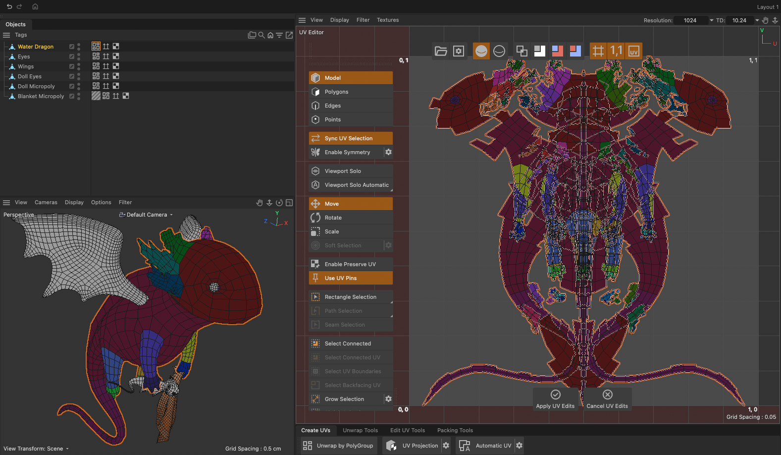 Before Unwrap by PolyGroup, UVs from UV Projection show Polygroup colors scattered across the UV layout