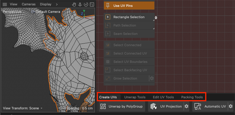 The four workflow tabs at the bottom of the UV Editor: Create UVs, Unwrap Tools, Edit UV Tools, and Packing Tools