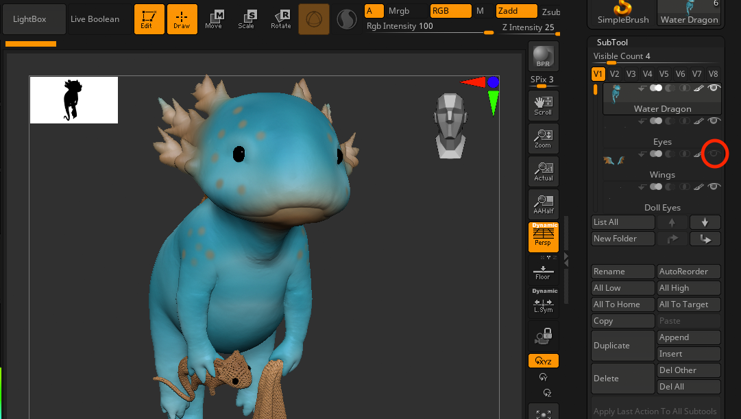The Water Dragon model with the eye icon for its Wings SubTool deselected. Choosing Visible in this state would leave the Wings out of UV editing.